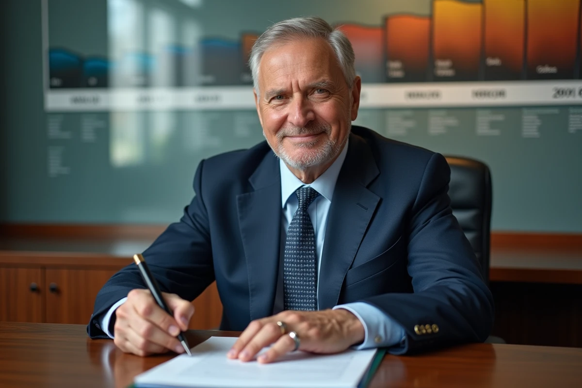 Directeur g&eacute;n&eacute;ral signant un document important dans son bureau