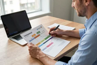 Chef de projet examinant un planning imprimé à son bureau