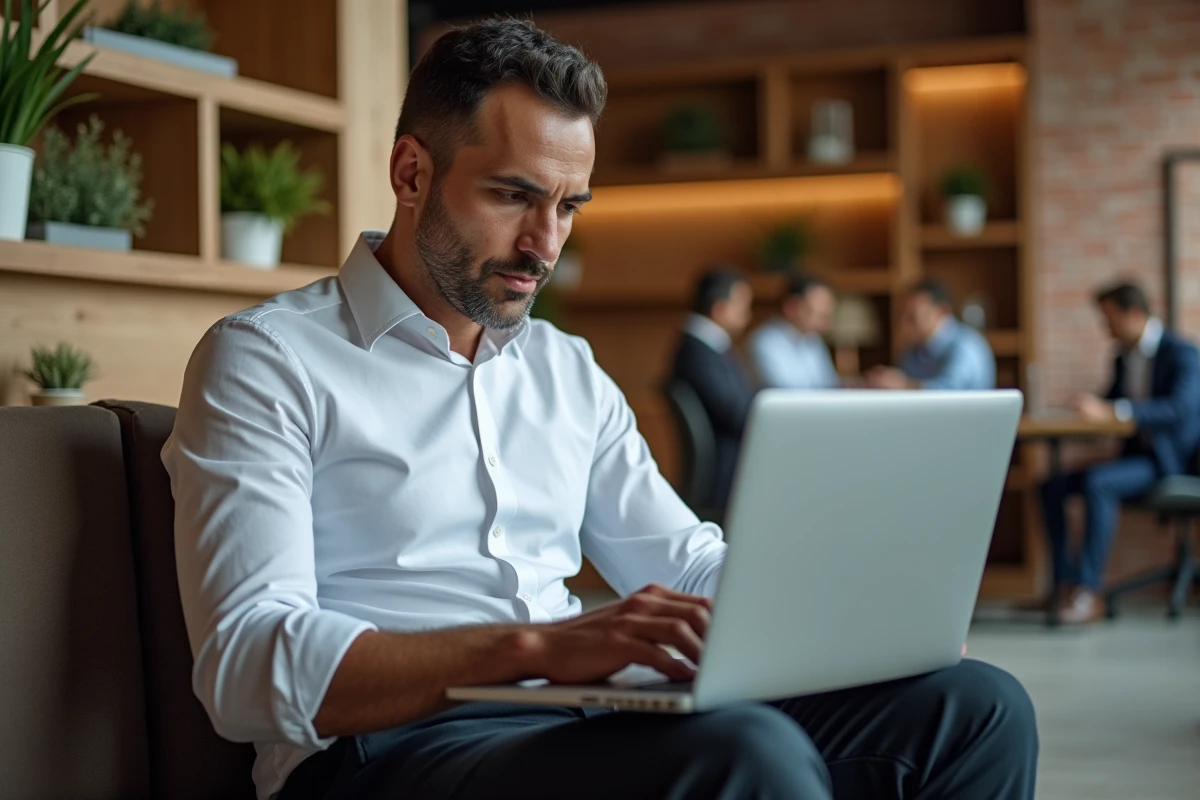 Chef d'entreprise consultant son profil sur societe.com dans un espace de coworking contemporain