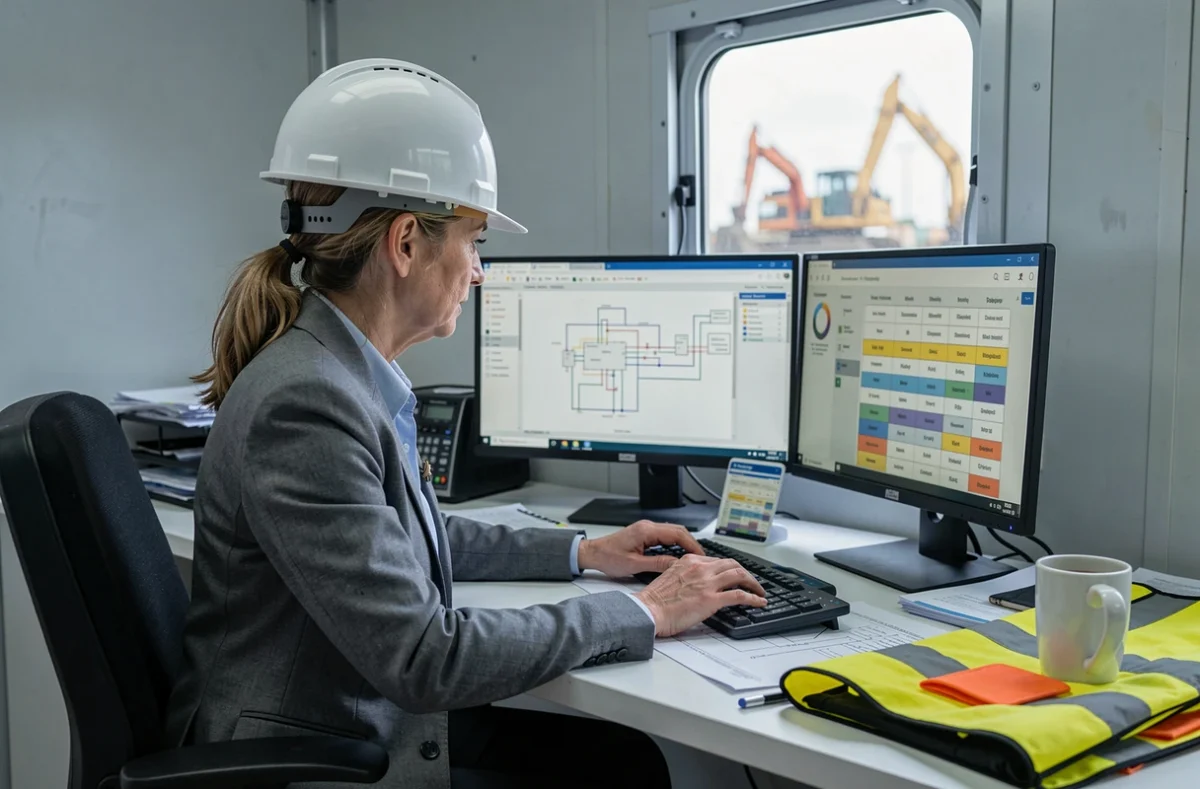 Chef de projet BTP électricité gérant des chantiers depuis un bureau de chantier avec double écran