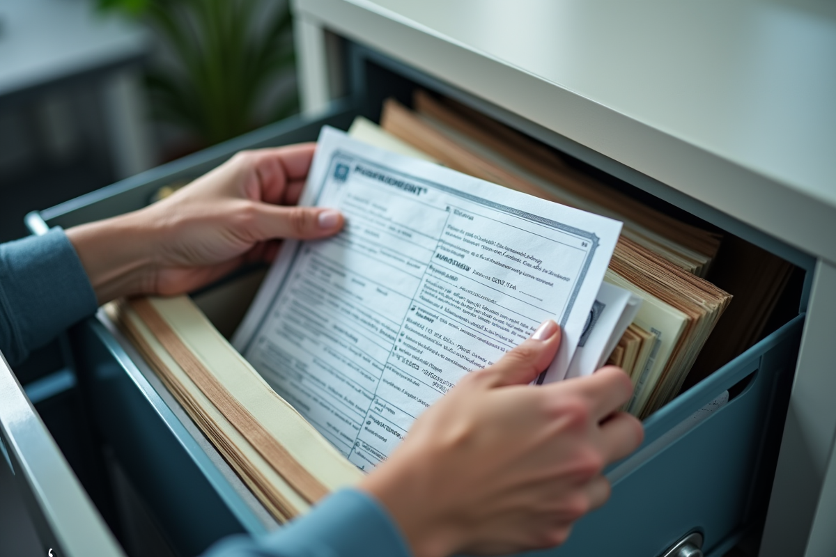 Main organisant documents dans un coffre-fort moderne lumineux