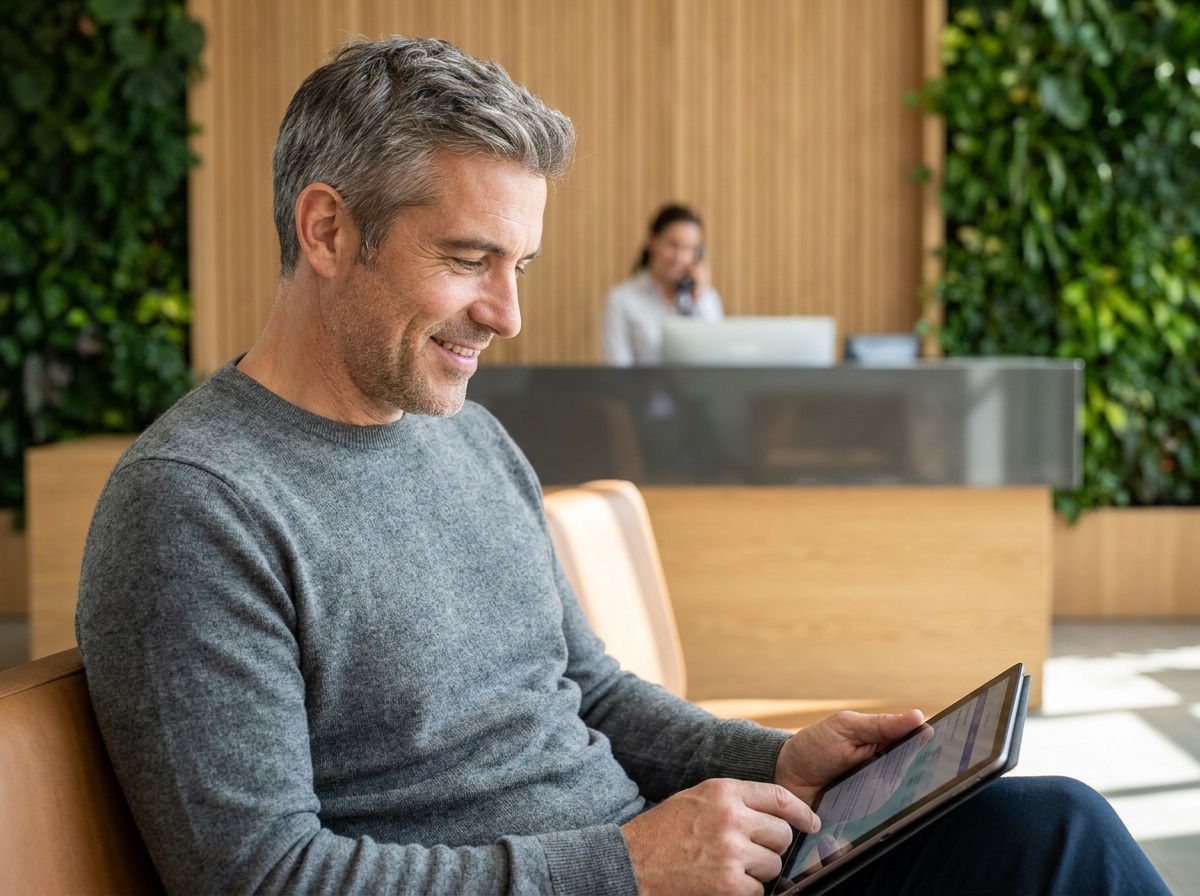 Client satisfait consultan une tablette dans un espace d'accueil moderne, représentant la fidélité et l'engagement client sur le long terme