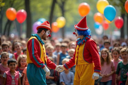 Groupe de clowns colorés pour enfants dans un parc en journée