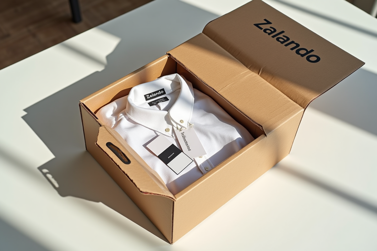 Colis Zalando ouvert avec vêtements et étiquettes sur une table ensoleillée
