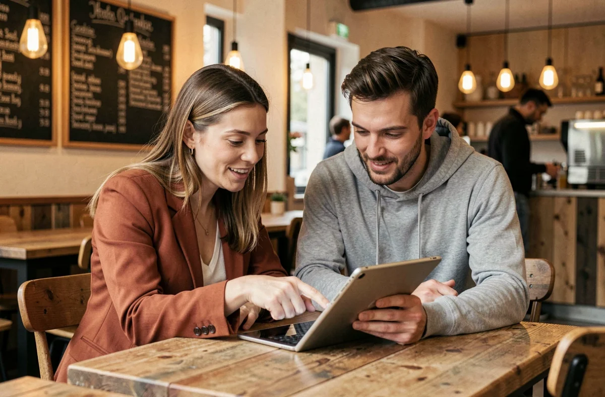 Deux professionnels collaborant sur une tablette dans un espace de coworking de type café à Lille