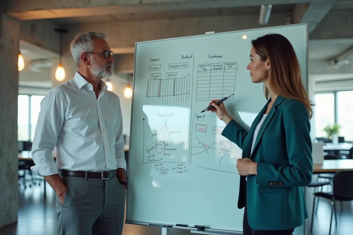 Deux collègues discutant des coûts cachés et des gains réels d'un investissement devant un tableau blanc couvert de diagrammes financiers
