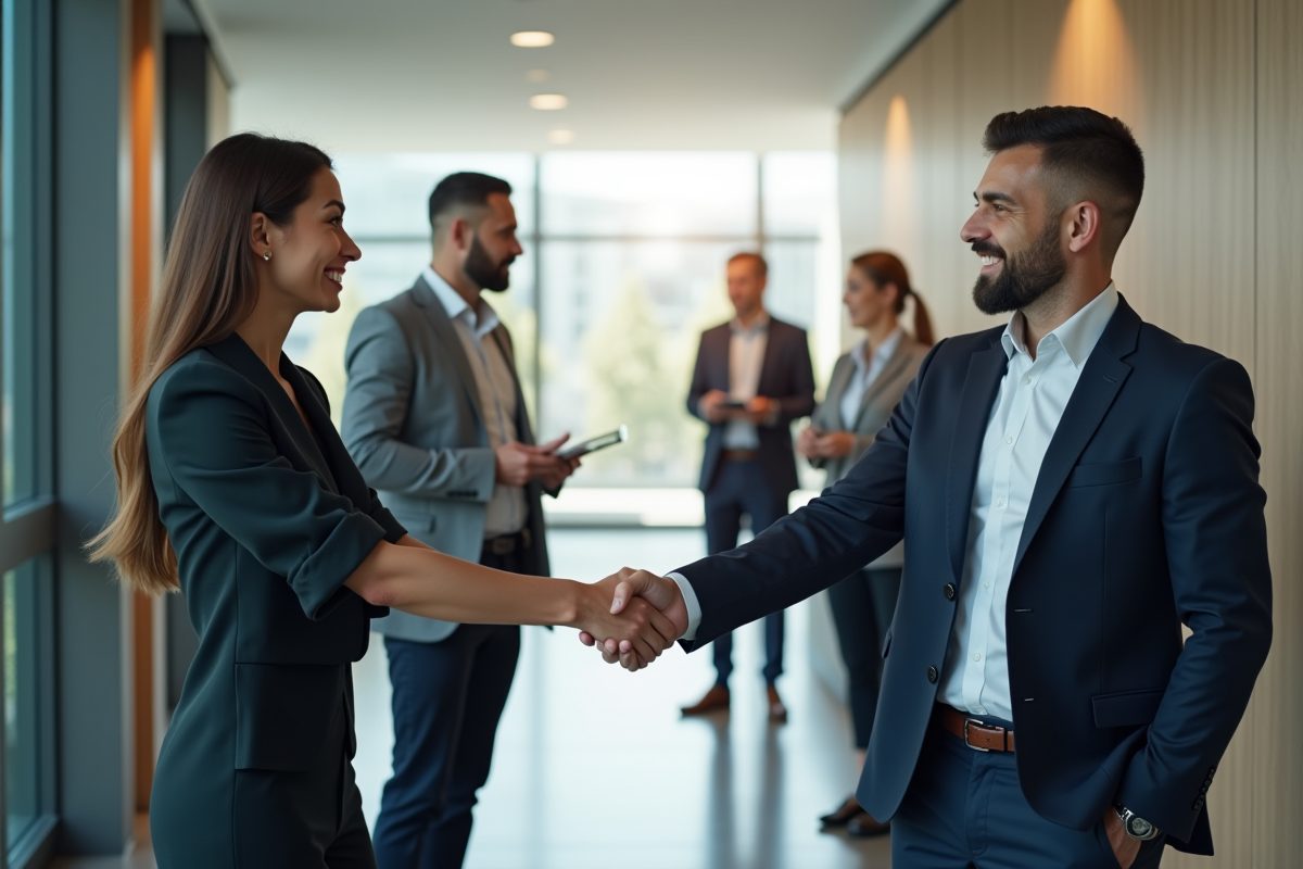 Deux collègues se serrant la main dans un couloir lumineux