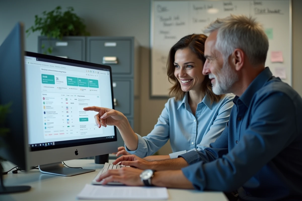 Deux collègues explorant ensemble la plateforme RH MyPeopleDoc dans un bureau administratif