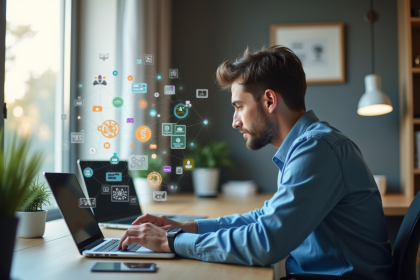 Propriétaire d'une petite entreprise travaillant sur un ordinateur avec des icônes digitales