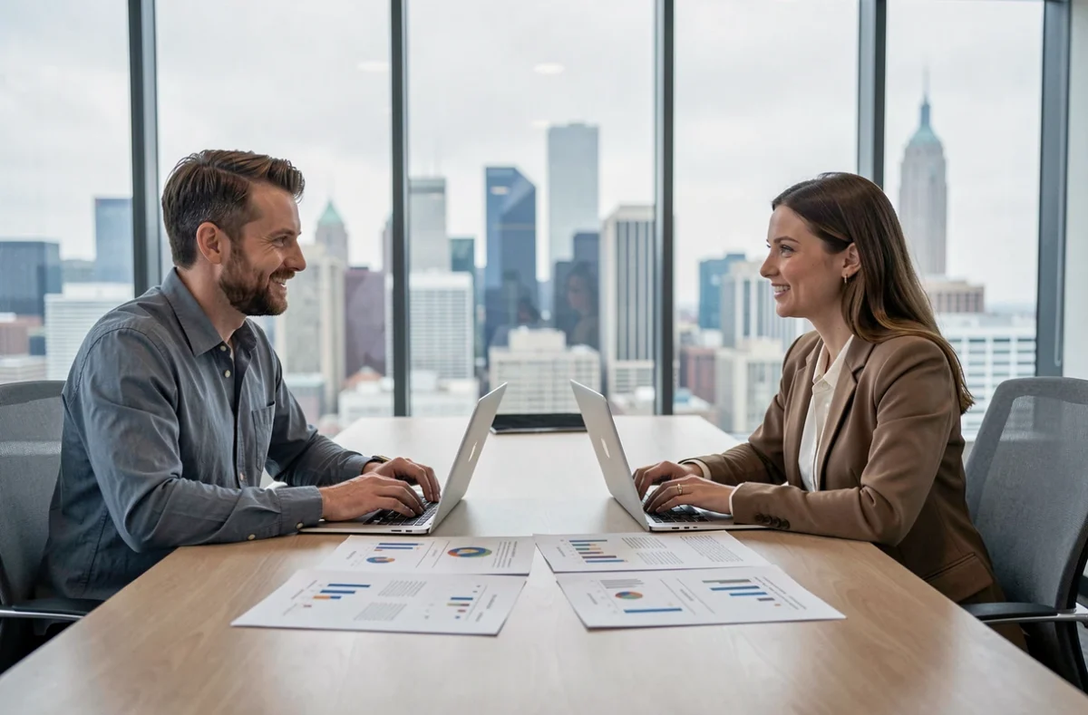 Deux professionnels IT comparant les options ESN et portage salarial en salle de réunion
