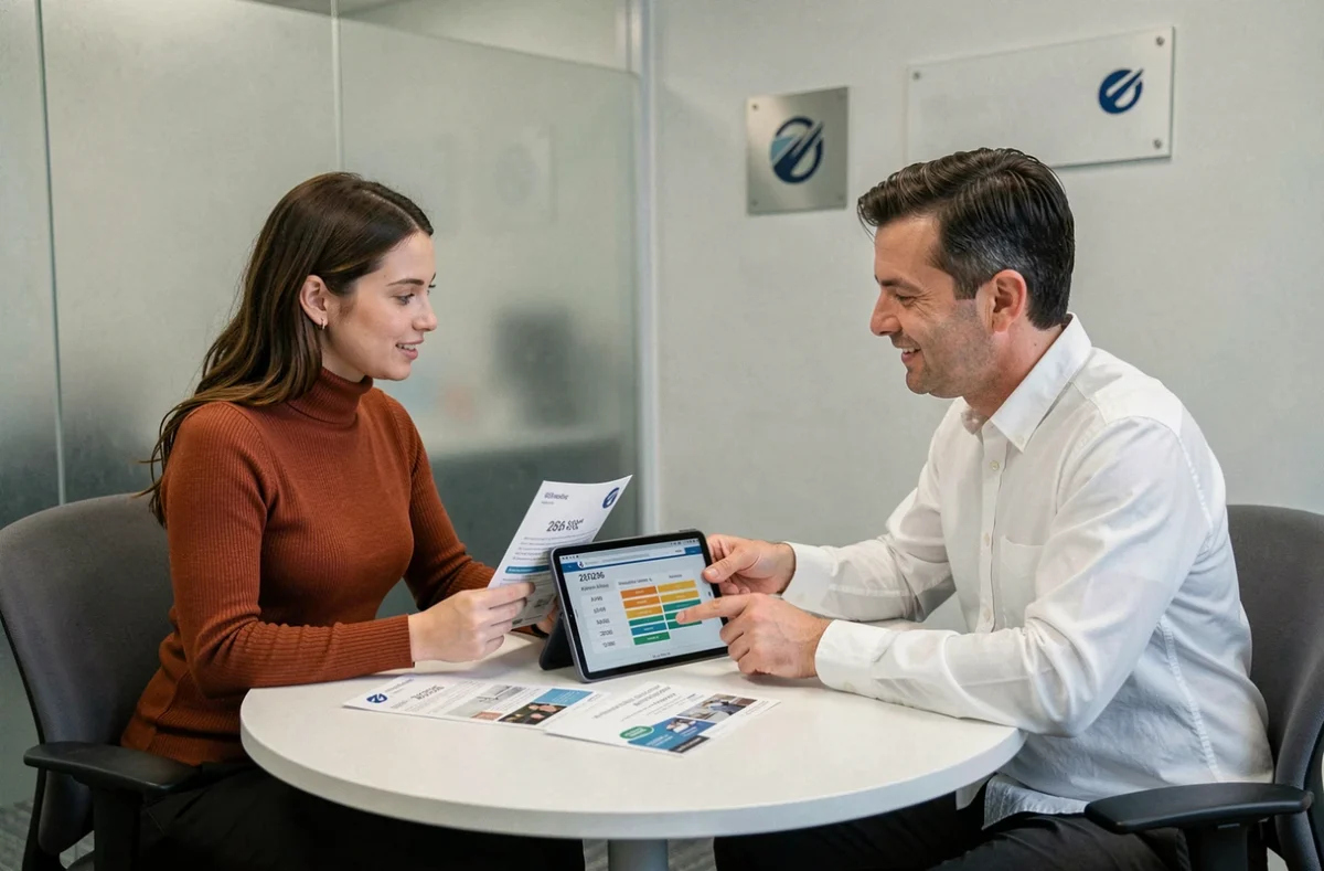 Deux entrepreneurs comparant les offres et prix 2026 du bureau de réservation du Foyer Entrepreneurial en salle de réunion