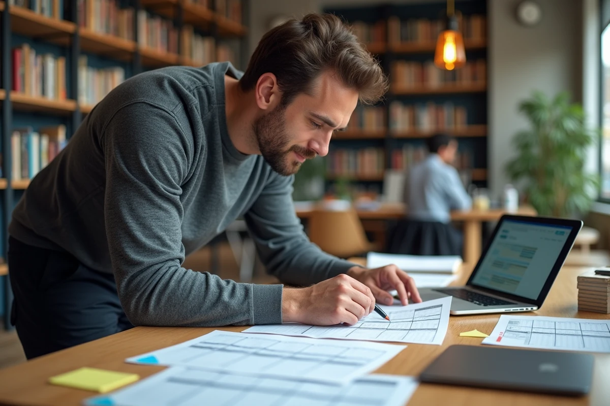Homme comparant deux plannings annuels avec des feuilles de calendrier et un ordinateur portable dans un espace de coworking