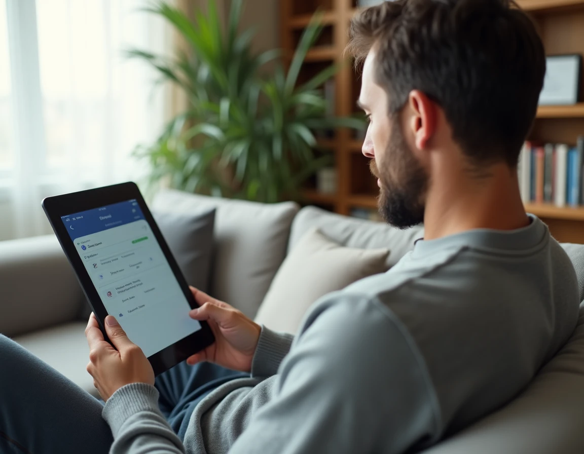 Homme consultant son compte Smartbox et gérant ses réservations sur tablette depuis son salon