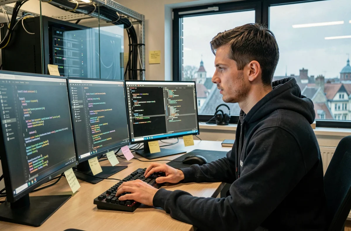 Développeur web de Concept Web à Metz codant sur plusieurs écrans dans un studio technique moderne