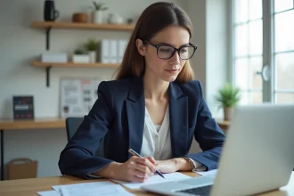Professionnelle configurant l'avance immédiate de crédit d'impôt sur un ordinateur portable dans un bureau à domicile organisé