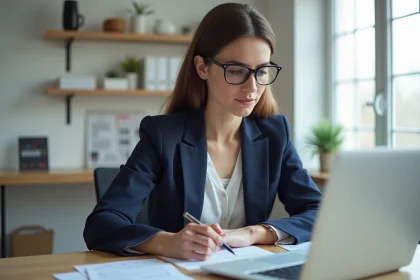 Professionnelle configurant l'avance immédiate de crédit d'impôt sur un ordinateur portable dans un bureau à domicile organisé