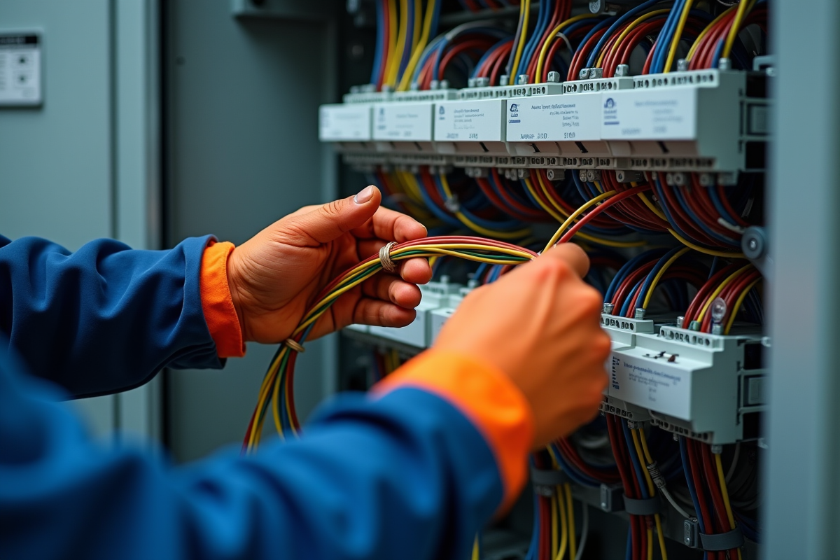Main d’électricien connectant fils électriques dans un coffret industriel