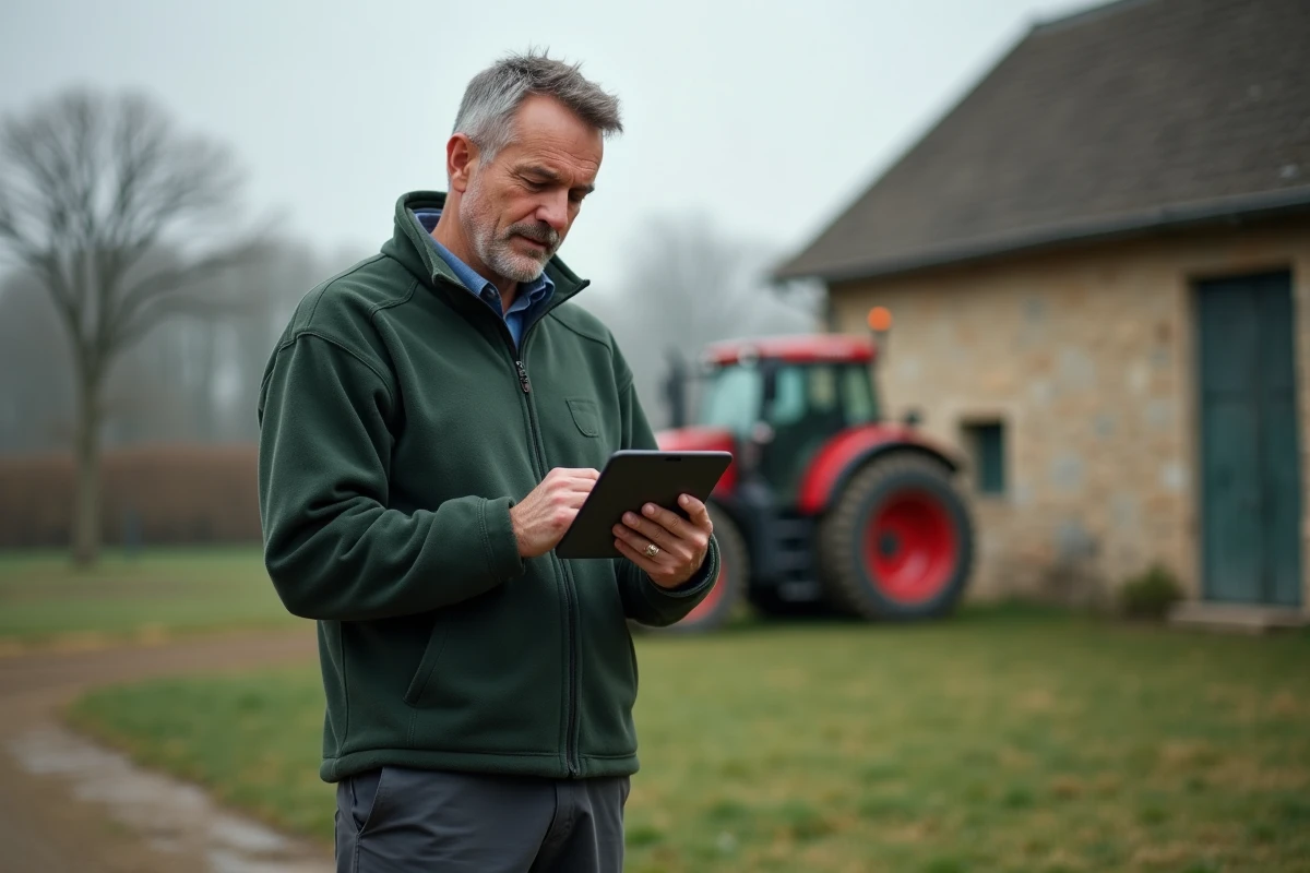 Conseiller agricole consultant le portail TERCIEL de Terrena sur une tablette dans une cour de ferme en milieu rural
