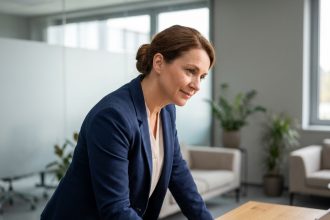 Conseillère clientèle attentive à l'écoute d'un client dans un bureau moderne, illustrant la fidélisation client en entreprise