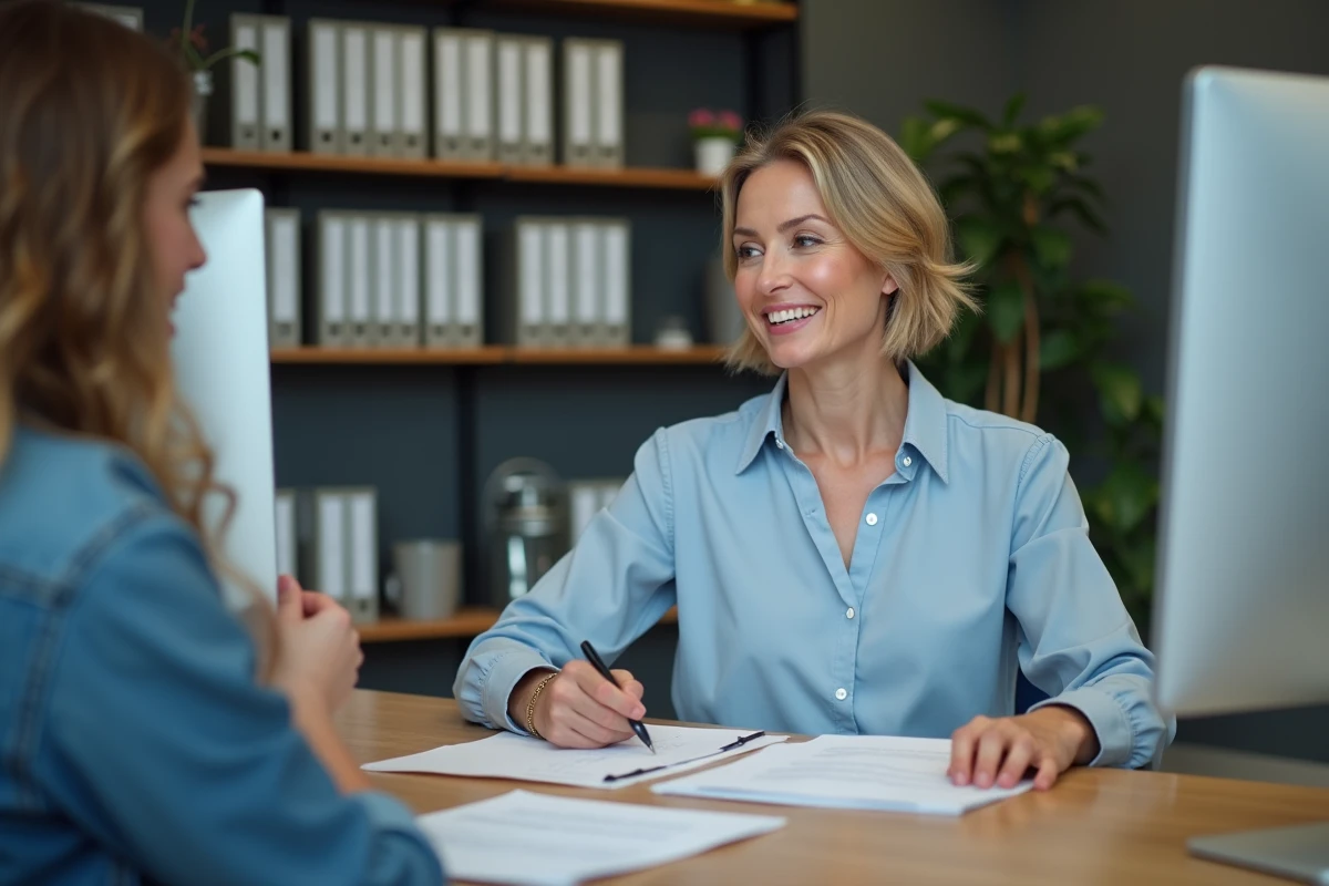Conseillère en multiservices aidant un client avec des démarches administratives dans un bureau à Rennes