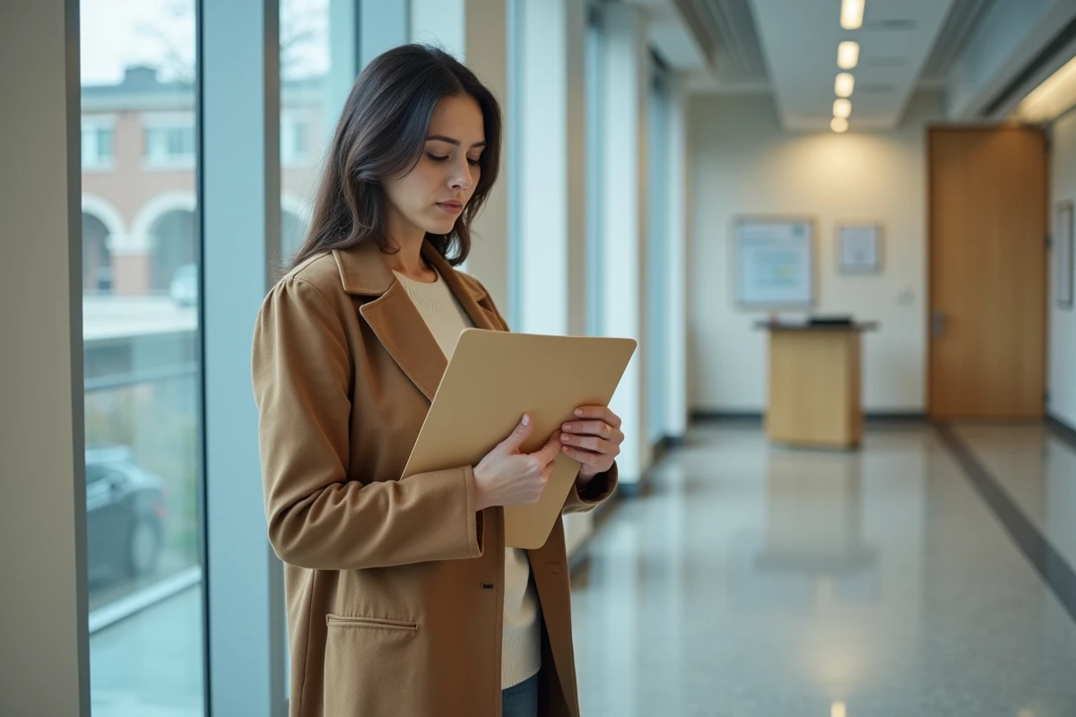 Femme consultant Chogan effectuant ses démarches administratives et fiscales dans un bâtiment officiel