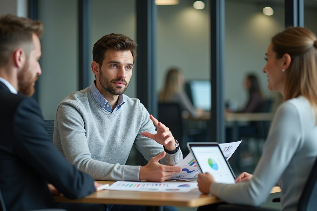 Consultant Chogan présentant son statut d'indépendant et ses démarches administratives à un client dans un espace de coworking