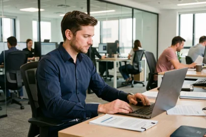 Consultant IT masculin analysant des documents dans un open-space d'entreprise de services numériques