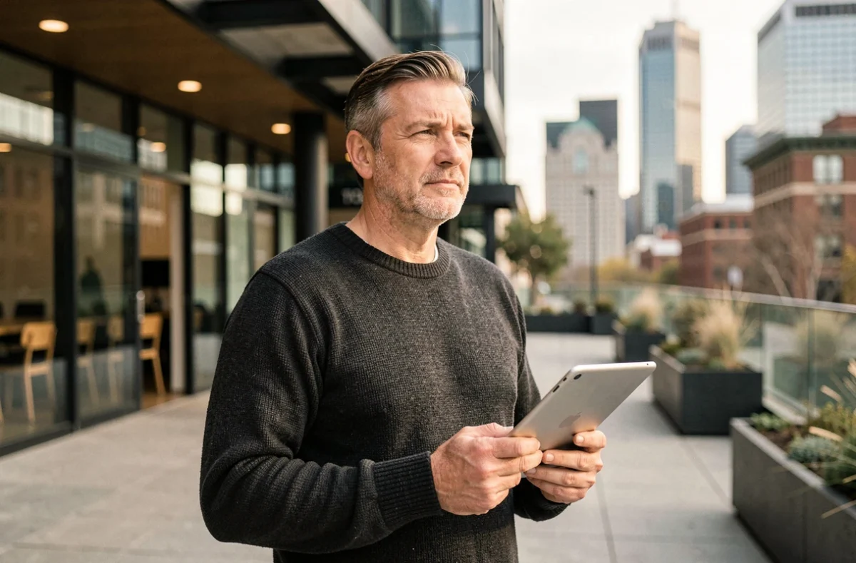 Consultant IT senior en réflexion sur sa carrière entre ESN et portage salarial depuis une terrasse de coworking