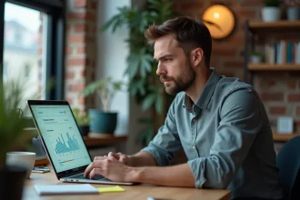 Consultant SEO alsacien analysant un tableau de bord Google Analytics montrant un référencement stagnant sur son ordinateur portable