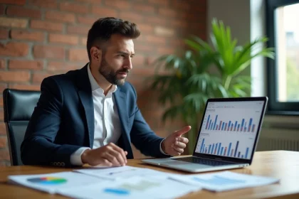 Consultant SEO Rennes analysant des données de référencement naturel sur ordinateur dans un bureau moderne