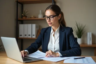 Consultante indépendante Chogan analysant des documents fiscaux et administratifs dans un bureau à domicile professionnel
