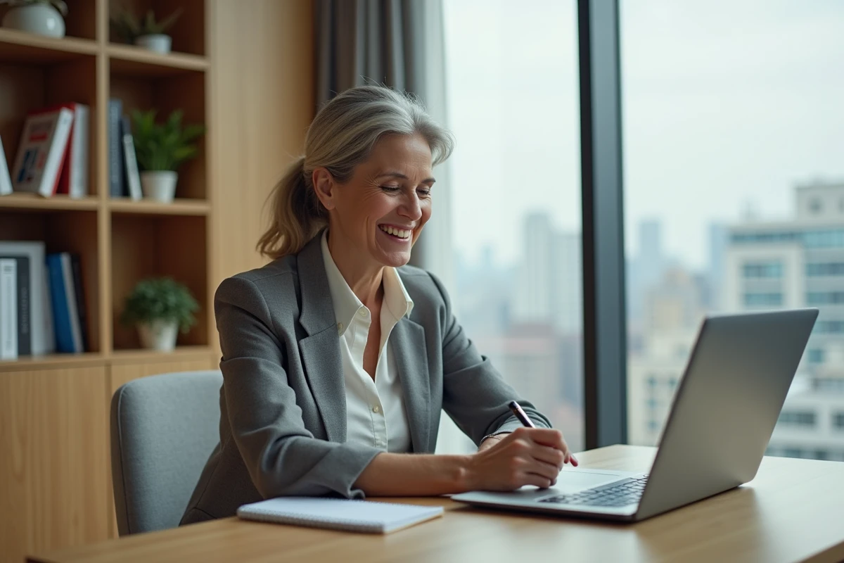 Consultante en visioconference dans un bureau lumineux