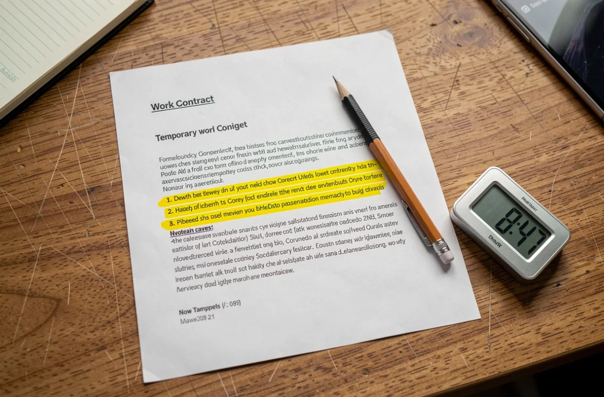 Gros plan sur un contrat de travail intérimaire annoté posé sur un bureau, illustrant les clauses liées aux heures de travail et à l'inspection du travail