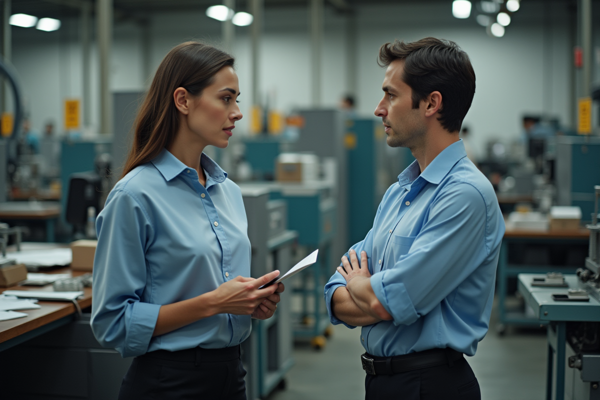 Femme en discussion avec superviseur dans une usine