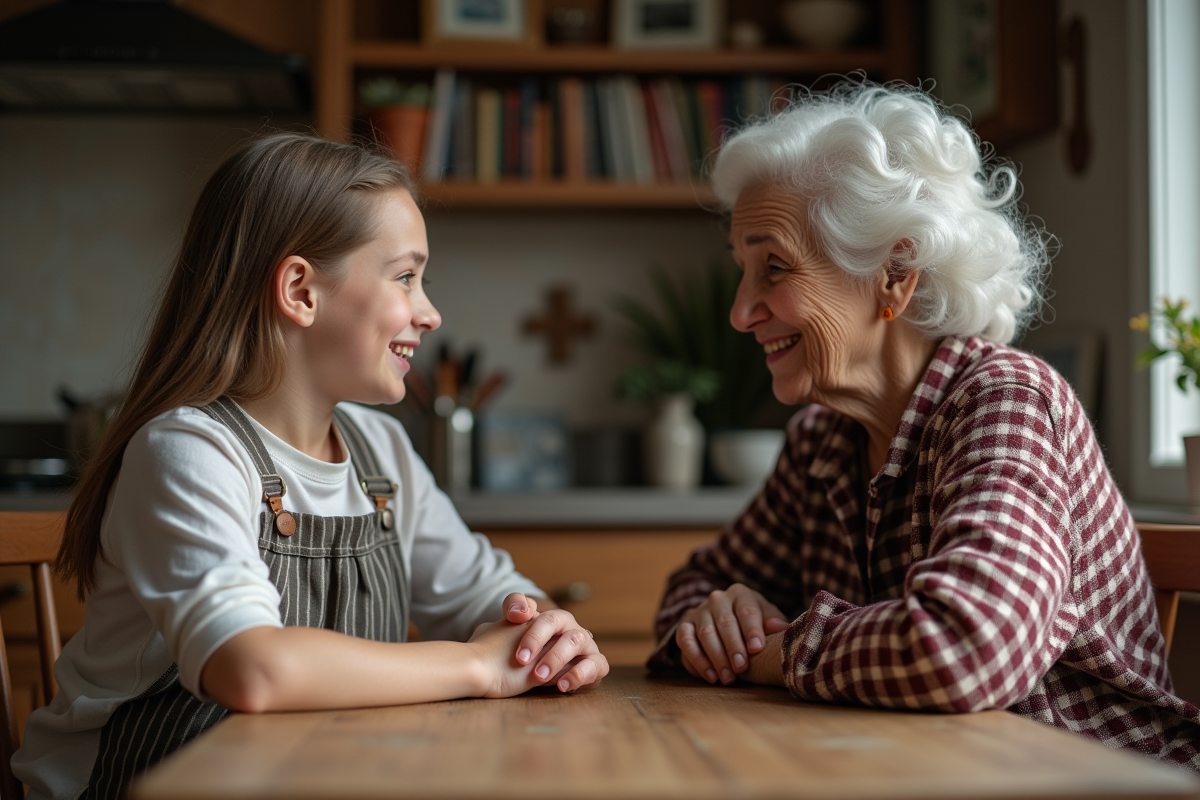 Femme âgée et jeune fille discutant à la cuisine