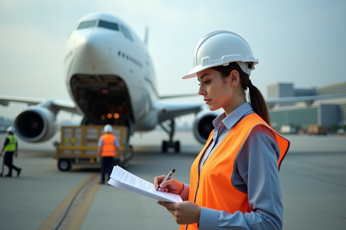 Jeune femme v&eacute;rifiant documents pr&egrave;s d un avion cargo