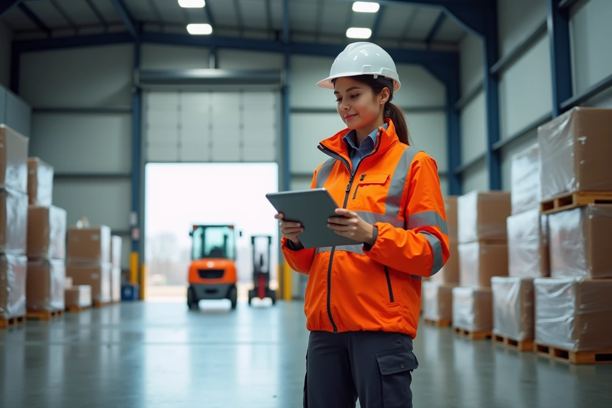 Coordinatrice logistique en entrepôt Kuehne Nagel consultant une tablette près du quai de chargement