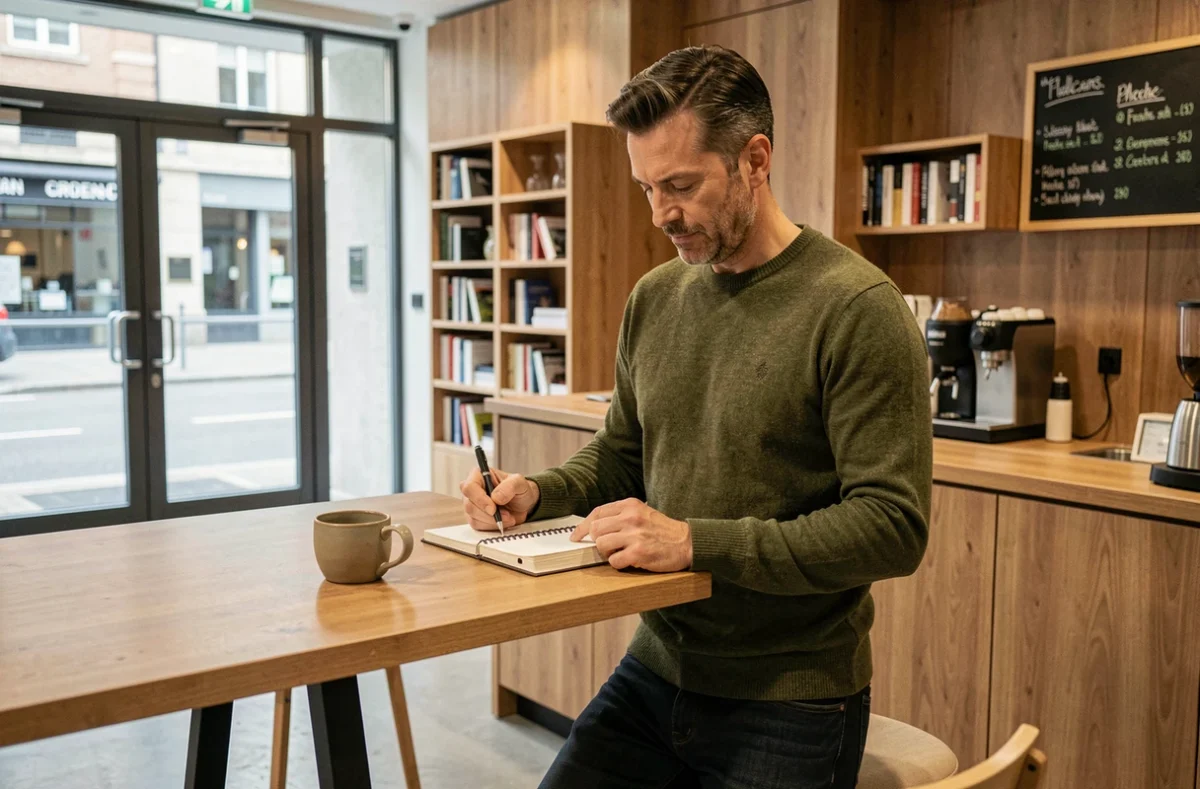 Entrepreneur indépendant prenant des notes au coin café d'un espace de coworking à Nevers avec décor contemporain en béton et bois