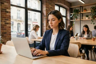 Femme indépendante travaillant sur son ordinateur dans un espace de coworking moderne à Nevers avec murs en briques et grandes fenêtres industrielles