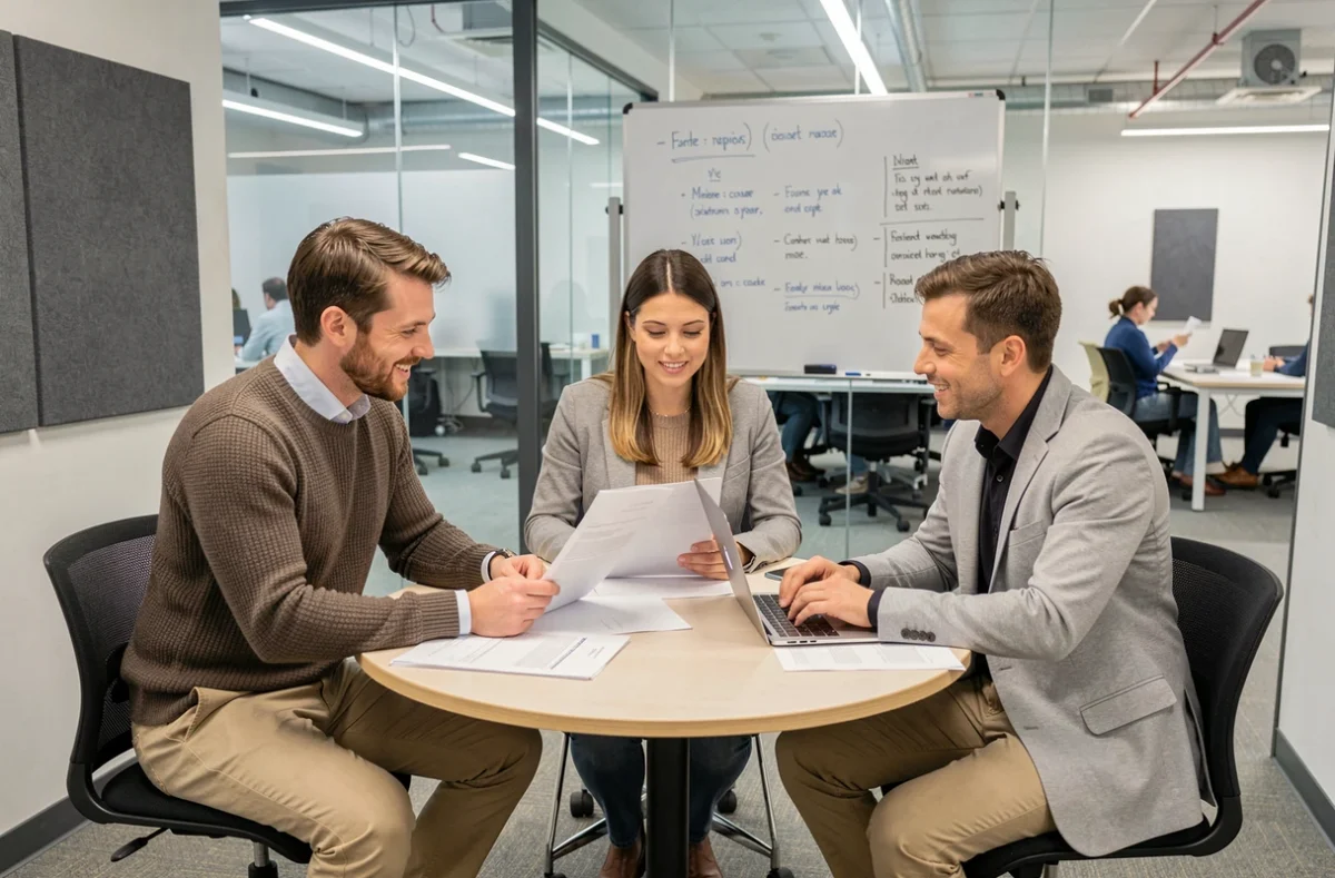 Petite équipe de professionnels en réunion dans une salle de collaboration vitrée d'un espace de coworking à Nevers