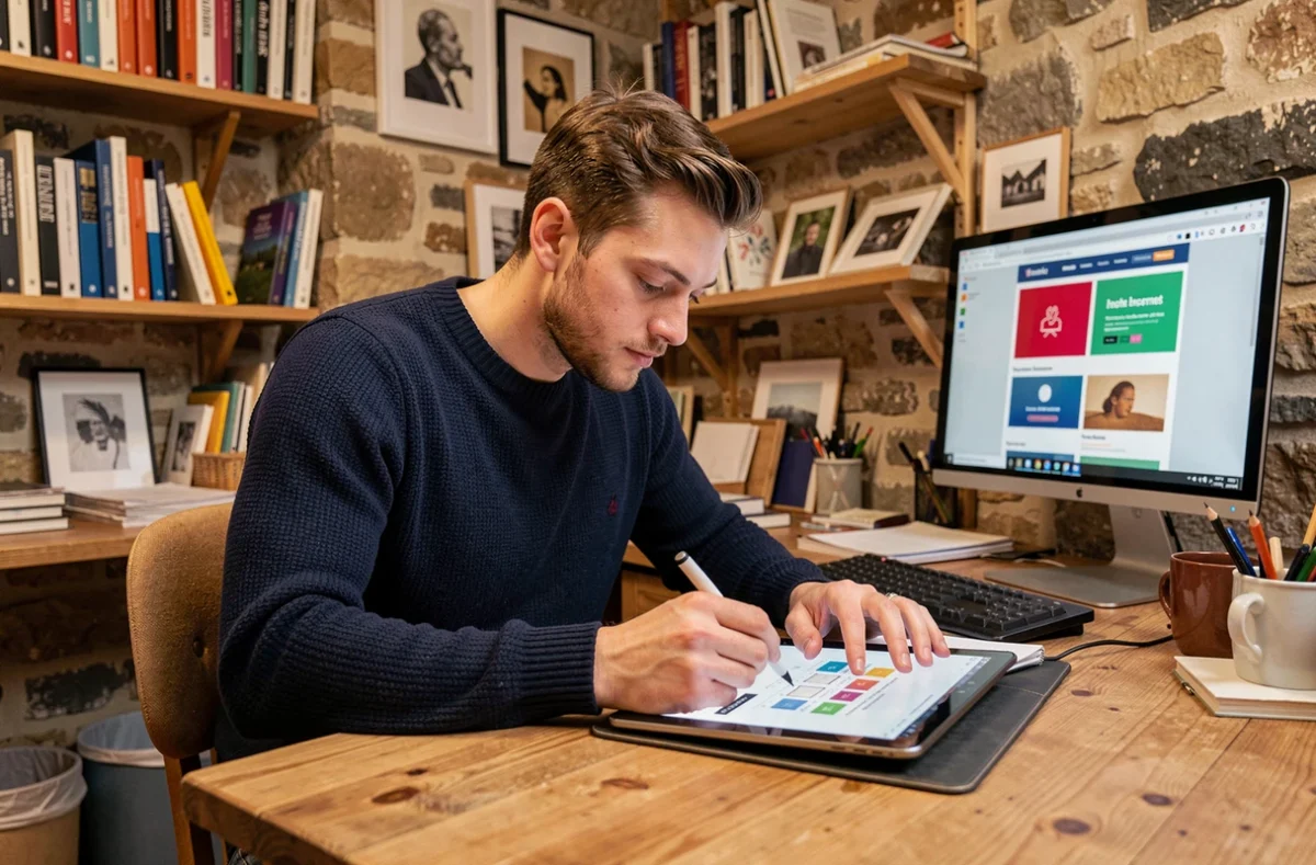 Designer web concentré sur une maquette de site dans le studio créatif des Créavores à Ars-sur-Moselle