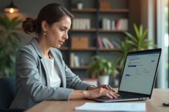 Femme professionnelle qui déclare un salarié en ligne sur l'espace Urssaf depuis son bureau