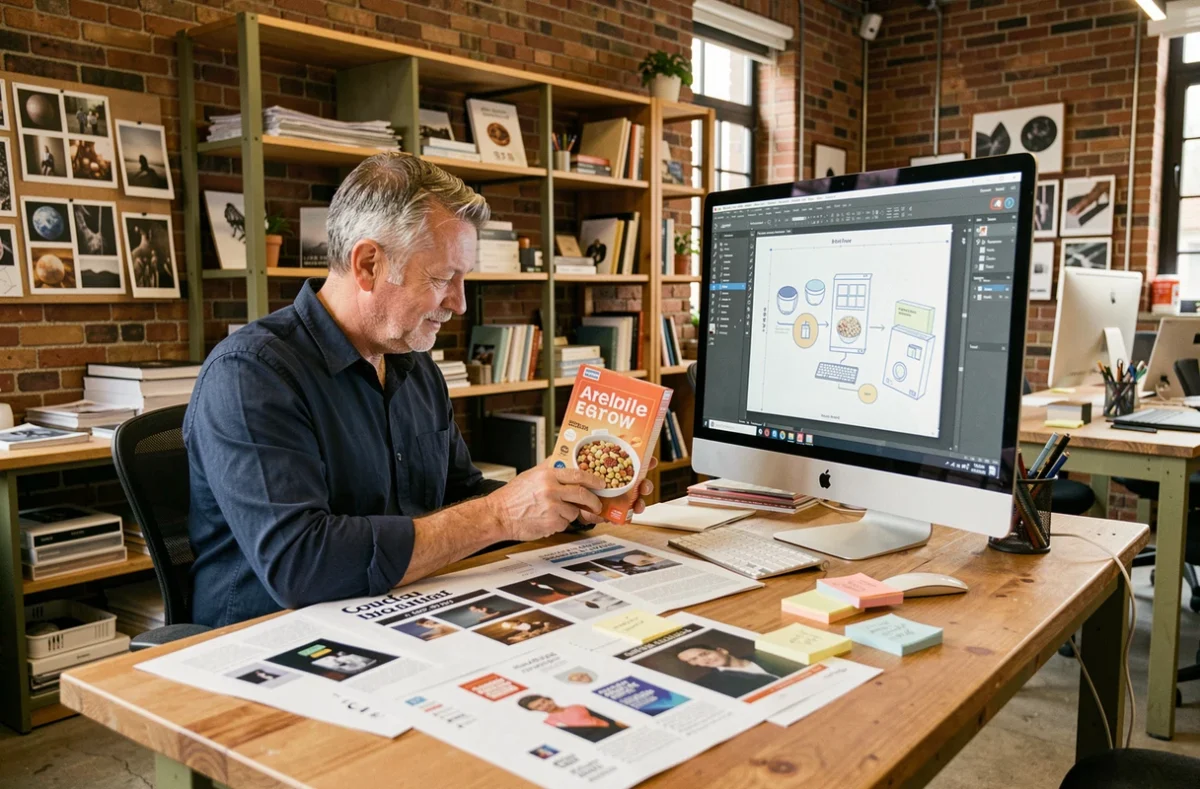 Designer graphique comparant une maquette de packaging physique à sa version numérique, travail de conformité des visuels produits en agence