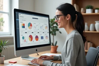 Designer parcourant une bibliothèque de ressources créatives sur Envato Elements depuis son bureau à domicile