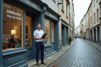 Devanture d'un commerce multiservices à Rennes avec un employé professionnel accueillant les clients