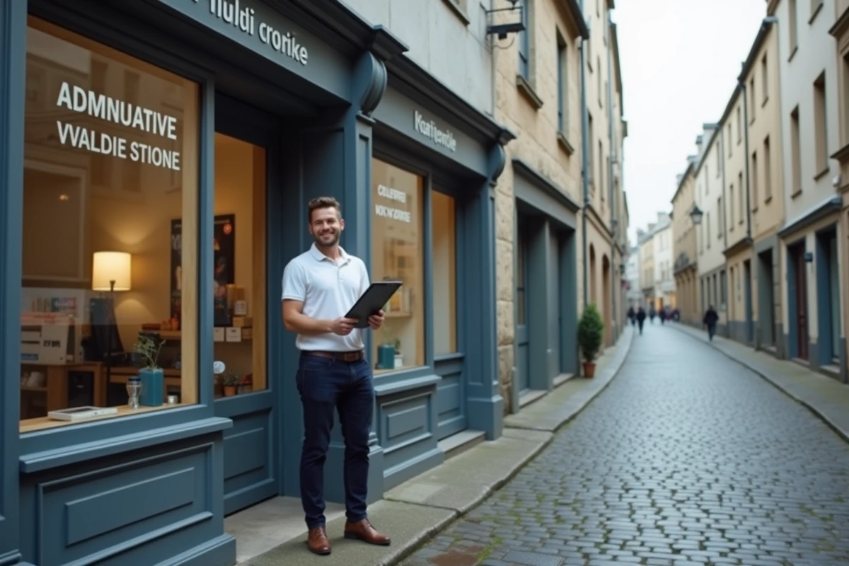 Devanture d'un commerce multiservices à Rennes avec un employé professionnel accueillant les clients