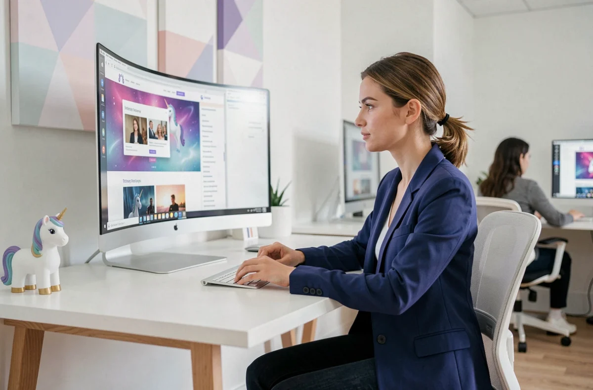 Une designer de l'agence Digital Unicorn dans le Finistère travaillant sur une maquette de site web colorée