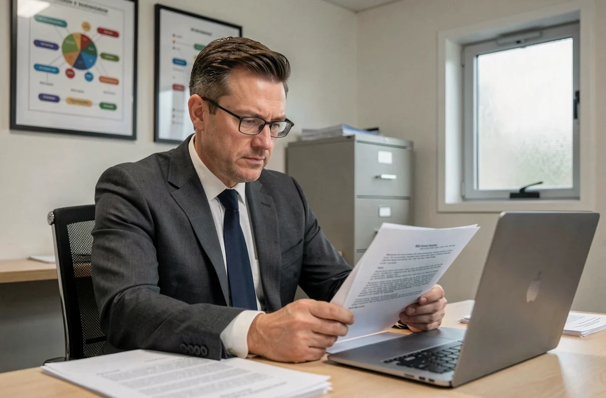 Directeur d'hôtel analysant des contrats de travail CDI et CDD dans un bureau administratif, comparaison des salaires en hôtellerie