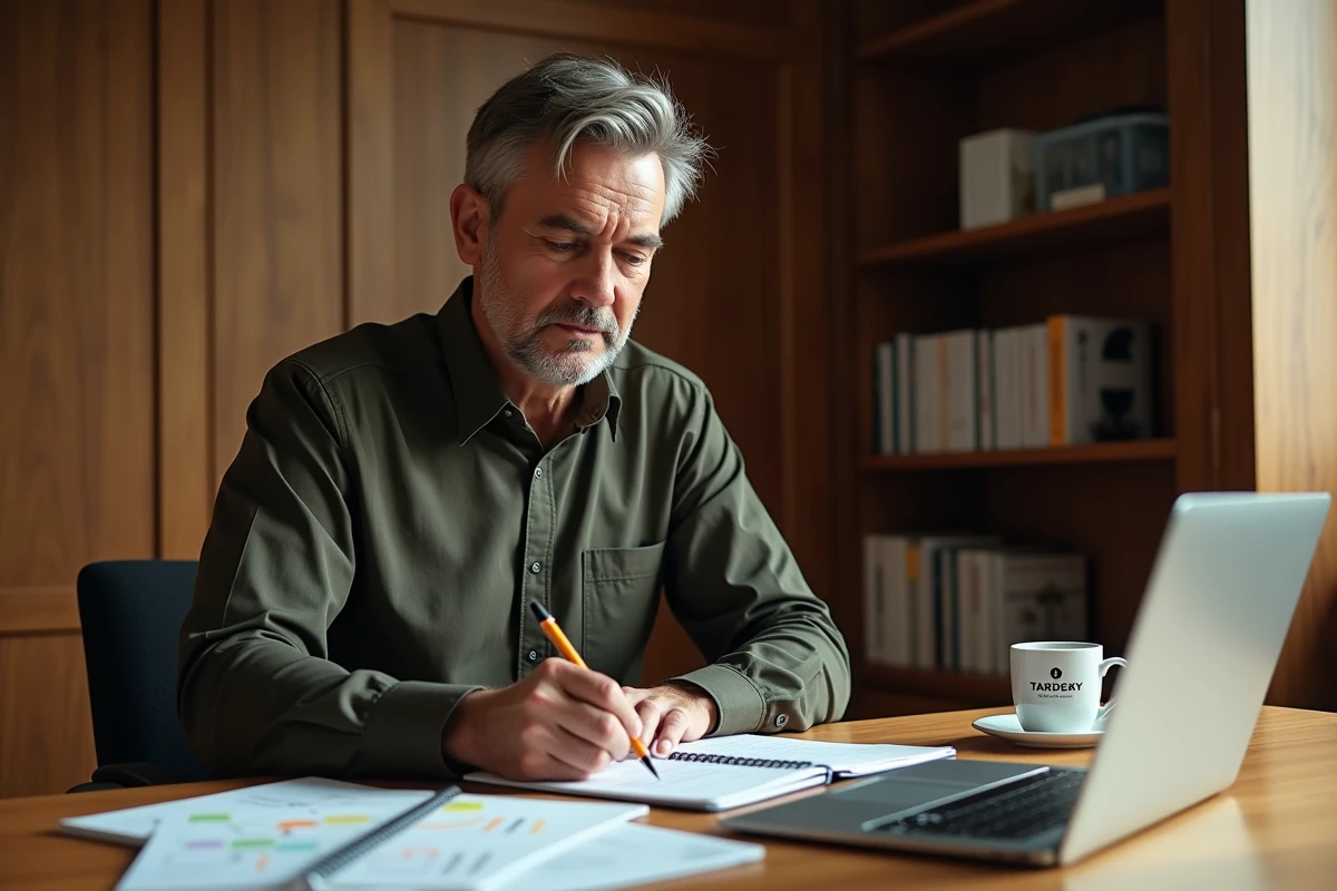 Dirigeant B2B rédigeant une cartographie de valeur dans un bureau privé chaleureux et concentré