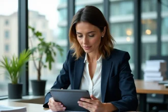 Dirigeante de PME consultant les actualités économiques sur une tablette dans un bureau moderne